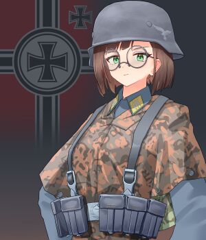  1girl absurdres ammunition_pouch black_suspenders brown_hair camouflage camouflage_jacket collar_tabs combat_helmet commentary english_commentary flag_background green_eyes grey_jacket helmet highres jacket leochan1202 looking_at_viewer luftwaffe military_rank_insignia military_uniform original pouch round_eyewear short_hair solo stahlhelm suspenders upper_body world_war_ii 