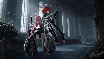 2girls absurdres arknights black_boots black_cape black_dress boots cape church commentary_request dress exusiai_(arknights) exusiai_the_new_covenant_(arknights) gun halo highres holding holding_gun holding_weapon indoors kriss_vector lace-up_boots lemuen_(arknights) long_hair multiple_girls official_alternate_costume one_side_up own_hands_together pink_eyes pink_hair red_hair scenery short_dress short_hair silvertina sitting submachine_gun thigh_boots thigh_strap thighhighs weapon wheelchair white_dress white_halo white_thighhighs yellow_eyes 