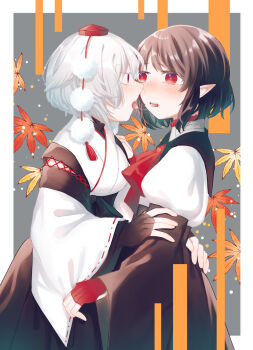  2girls absurdres after_kiss alternate_costume animal_ears arm_behind_back ascot black_gloves black_hair black_shirt black_skirt black_sleeves black_trim border commentary_request detached_sleeves ears_down elbow_gloves falling_leaves feet_out_of_frame from_side gloves grey_background hand_on_another's_arm hat highres inubashiri_momiji japanese_clothes juliet_sleeves kimono kourindou_tengu_costume leaf leaf_background light_blush light_particles long_skirt long_sleeves maple_leaf multiple_girls open_mouth orange_background parted_bangs partially_fingerless_gloves pointy_ears pom_pom_(clothes) puffy_sleeves red_ascot red_eyes red_gloves red_hat red_ribbon ribbon ribbon-trimmed_sleeves ribbon_trim saliva saliva_trail shameimaru_aya shirt short_hair sidelighting skirt teeth tokin_hat tongue tongue_out toraneko_2 touhou two-tone_sleeves upper_teeth_only white_border white_hair white_kimono white_sleeves wide_sleeves wolf_ears wolf_girl yuri 