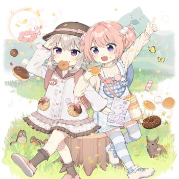  2girls boyano chiro_cakes commentary_request donut food grey_hair mix_cakes multiple_girls pink_hair piyokichi_(uchihime) purple_eyes rabbit squirrel tree_stump uchi_no_hime-sama_ga_ichiban_kawaii 