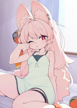  1girl alternate_costume animal_ear_fluff animal_ear_piercing animal_ears blurry blurry_background breasts commentary dated_commentary dev_voxy dress furry furry_female hair_ornament highres long_hair looking_at_viewer one_eye_closed open_mouth pink_hair rabbit_ears rabbit_girl red_eyes rubbing_eyes sitting small_breasts solo sphere_hair_ornament tail thick_eyebrows thigh_strap wariza white_dress zenless_zone_zero zhao_(zenless_zone_zero) 