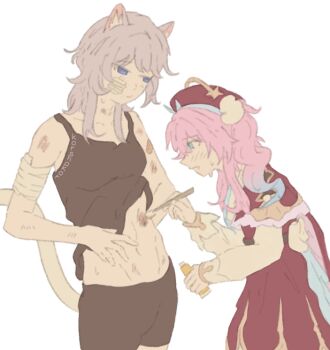  2girls alternate_costume animal_ear_fluff animal_ears aqua_eyes artist_name bandaged_arm bandages bandaid bandaid_on_face bare_shoulders black_shorts black_tank_top blue_eyes blue_hair blush breasts capelet cat_ears cat_girl cat_tail cipher_(honkai:_star_rail) closed_mouth collarbone commentary cowboy_shot dress english_commentary gradient_hair grey_hair hair_between_eyes hair_ornament half-closed_eyes hat hat_ornament holding honkai:_star_rail honkai_(series) hyacine_(honkai:_star_rail) injury korshokor long_hair long_sleeves looking_at_another looking_down medium_breasts multicolored_hair multiple_girls open_mouth pink_hair pom_pom_(clothes) pom_pom_hair_ornament puffy_long_sleeves puffy_sleeves red_capelet red_dress red_hat short_hair shorts sidelocks simple_background standing sweat tail tank_top twintails two-tone_dress wavy_hair white_background white_dress 