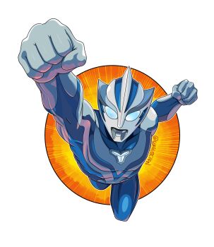  1boy alien arm_up blue_eyes blue_skin border clenched_hands collarbone color_timer colored_skin commentary compound_eyes dorsal_fin english_commentary foreshortening from_above giant giant_male glowing glowing_eyes gun_gun_cut highres knee_up looking_at_viewer looking_up male_focus motion_lines multicolored_skin muscular_arms no_pupils orange_background pectorals pointy_ears raised_fist round_border silver_skin solo speed_lines tokusatsu toned toned_male twitter_username two-tone_skin ultra_series ultraman_teo ultraman_teo_(series) waitochan white_border 