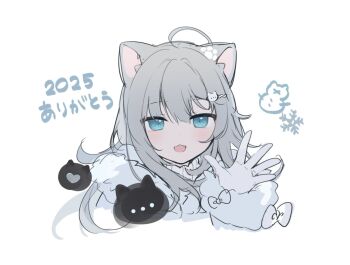  1girl :d ahoge amashiro_natsuki animal_ear_fluff animal_ears blue_eyes cat_ears commentary_request cropped_torso fang fur-trimmed_jacket fur-trimmed_sleeves fur_trim gloves grey_gloves grey_hair grey_jacket grey_sweater hair_between_eyes hair_ornament hairclip indie_virtual_youtuber jacket long_hair long_sleeves looking_at_viewer nachoneko open_mouth simple_background smile snowflakes solo sweater translation_request turtleneck turtleneck_sweater upper_body virtual_youtuber white_background 