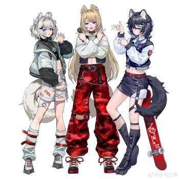  3girls animal_ear_piercing animal_ears belt black_boots black_hair black_jacket black_shirt black_skirt blonde_hair blue_eyes boots chinese_commentary commentary_request crossed_arms dog_ears dog_girl dog_tail fishnet_socks fishnets flower_stand_art full_body grey_shoes hand_up hands_up highres holding holding_microphone hood hood_down jacket jewelry kmnz leg_warmers lita_(kmnz) long_hair long_sleeves looking_at_viewer medium_hair microphone miniskirt multicolored_hair multicolored_jacket multiple_girls necklace nero_(kmnz) o-ring o-ring_thigh_strap open_clothes open_jacket open_mouth pants purple_eyes red_belt red_pants shirt shoes short_hair shorts simple_background skateboard skirt smile socks standing streaked_hair tail thigh_strap tina_(kmnz) two-tone_jacket virtual_youtuber w white_background white_shorts white_streaks yang_yu_sanjiao 