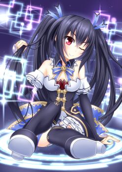  10s 1girl black_hair breasts cleavage female_focus highres md5_mismatch neptune_(series) noire_(neptunia) one_eye_closed resolution_mismatch ribbon sakaki_jin'ya sitting smile solo source_smaller twintails  rating:Sensitive score:8 user:danbooru