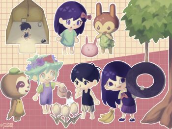  absurdres animal_crossing antenna_hair artist_name aubrey_(headspace)_(omori) aubrey_(omori) banana barefoot baseball_cap basil_(headspace)_(omori) basil_(omori) black_eyes black_hair black_shoes black_shorts black_tank_top blue_overalls blue_shirt bow brother_and_sister bunnie_(animal_crossing) character_counter_request character_request check_character chibi chibi_only closed_eyes closed_mouth collared_shirt commentary computer crossover double-parted_bangs english_commentary flower food forest_bunny_(omori) fruit green_eyes green_hair green_hat green_shirt hair_between_eyes hair_bow hashtag-only_commentary hat highres holding holding_watering_can laptop leif_(animal_crossing) light_bulb long_hair long_shirt looking_at_another mari_(headspace)_(omori) mari_(omori) minpupunkun multicolored_shorts neckerchief nintendo no_legwear omori omori_(omori) open_mouth overall_shorts overalls pink_bow purple_eyes purple_hair purple_skirt purple_sweater_vest red_neckerchief shirt shoes short_hair short_sleeves shorts siblings sidelocks sitting sketchbook skirt smile standing striped_clothes striped_shorts sweater_vest t-shirt tank_top tent_interior tire_swing tissue tissue_box tree tulip twitter_username two-tone_shorts vertical-striped_clothes vertical-striped_shorts villager_(animal_crossing) watering watering_can white_flower white_shirt white_shorts white_tulip 