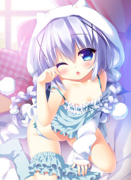 1girl :o ;o areola_slip blue_eyes blue_hair blue_panties blush braid breasts chemise female_focus gochuumon_wa_usagi_desu_ka? hair_between_eyes heart heart-shaped_pillow hood kafuu_chino long_hair looking_at_viewer loungewear matching_hair/eyes navel off_shoulder one_eye_closed panties paw_pose pillow plaid sasai_saji side-tie_panties sitting skirt small_breasts solo striped_clothes striped_panties twin_braids underwear unworn_skirt wariza window rating:Questionable score:57 user:danbooru