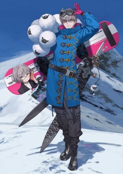  1boy adjusting_eyewear belt black_belt black_boots black_pants blue_coat blue_eyes blue_sky boots closed_mouth coat fate/grand_order fate_(series) full_body gloves goggles goggles_on_head grey_hair holding_snowboard jacques_de_molay_(foreigner)_(fate) jacques_de_molay_(saber)_(fate) kuroboshi_kouhaku legs_together looking_at_viewer male_focus mountain official_art outdoors pants pink_gloves sheep short_hair sky snow solo standing stuffed_animal stuffed_toy third-party_source 