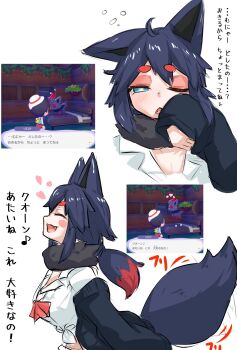  1girl :3 animal_ears black_sweater blue_eyes blush bow bowtie breasts commentary_request eyeshadow fang fox_ears fox_tail game_screenshot_inset gen_5_pokemon hair_flaps heart highres humanization large_breasts low_ponytail makeup multicolored_hair multiple_views nintendo off-shoulder_sweater off_shoulder one_eye_closed open_mouth pokemon ponytail red_bow red_bowtie red_eyeshadow red_streaks rexeig screenshot_inset shirt sleepy smile squeans streaked_hair sweater tail tail_wagging thick_eyebrows tied_shirt translation_request upper_body white_shirt zorua 