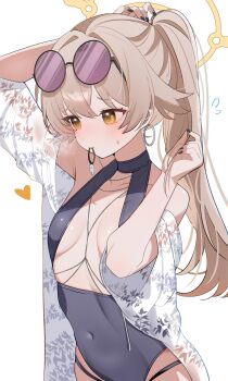 1girl adjusting_hair anchor_choker between_breasts black_choker black_nails black_one-piece_swimsuit blonde_hair blue_archive blush breasts brown_eyes brown_hair choker cleavage covered_navel earrings hair_tie_in_mouth halo hand_in_own_hair heart hifumi_(blue_archive) high_ponytail highres hoop_earrings jewelry leaf_print light_brown_hair long_hair mouth_hold nagisa_(blue_archive) nagisa_(swimsuit)_(blue_archive) nagisa_(swimsuit)_(blue_archive)_cosplay off-shoulder_shirt off_shoulder one-piece_swimsuit open_clothes open_shirt ponytail purple-tinted_eyewear round_eyewear shirt shusuchii small_breasts solo standing sunglasses sunglasses_on_head sweat swimsuit tinted_eyewear white_background white_shirt 