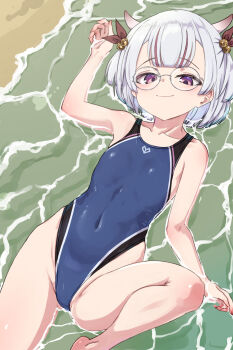  1girl beach blue_one-piece_swimsuit commentary_request competition_swimsuit covered_navel cowboy_shot flat_chest glasses grey_hair highleg highleg_one-piece_swimsuit highres horns indie_virtual_youtuber lying one-piece_swimsuit purple_eyes short_hair smile solo swimsuit virtual_youtuber water waves yotsutsuji_akira zafuri_(yzrnegy) 