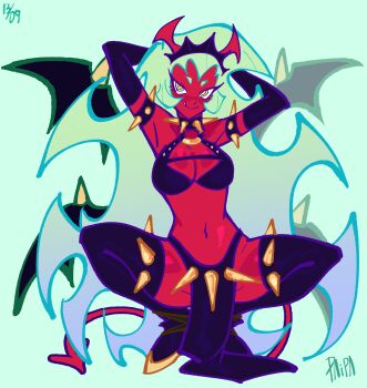  1girl absurdres armlet boots choker colored_skin demon_girl demon_tail demon_wings green_hair halterneck highres jewelry long_hair maid_headdress midriff paippppp04 panty_&amp;_stocking_with_garterbelt pelvic_curtain red_skin revealing_clothes scanty_(psg) short_eyebrows smile solo spiked_armlet spiked_choker spikes squatting tail thigh_boots thighhighs very_long_hair wings 