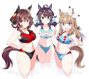  +_+ 3girls abs almond_eye_(umamusume) animal_ears bare_shoulders bikini black_bikini blue_bikini blue_eyes blush bow bow_hairband braid braided_hair_rings braided_sidelocks breasts brown_hair cleavage closed_mouth collarbone colored_inner_hair commentary_request daring_tact_(umamusume) ear_covers ear_ornament gentildonna_(umamusume) hair_between_eyes hair_ornament hair_rings hairband hairclip heart heart-shaped_ornament heart_ear_ornament heart_hands horse_ears horse_girl horse_tail large_breasts long_hair looking_at_viewer medium_hair multicolored_hair multiple_girls navel open_mouth pointing red_eyes shigino_sohuzi simple_background smile sports_bikini star_(symbol) star_hair_ornament stomach swimsuit symbol-shaped_pupils tail umamusume white_hairband x-shaped_pupils 