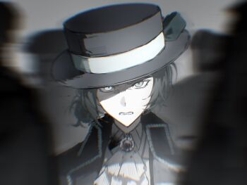  1girl angry ascot black_coat boater_hat clenched_teeth coat collared_shirt commentary english_commentary grey_background grey_eyes grey_hair hair_bun highres looking_at_viewer motion_blur muted_color people portrait reverse:1999 shirt short_hair single_side_bun solo_focus teeth v-shaped_eyebrows vertin_(reverse:1999) white_ascot white_shirt wilson_(wilson1151487) 