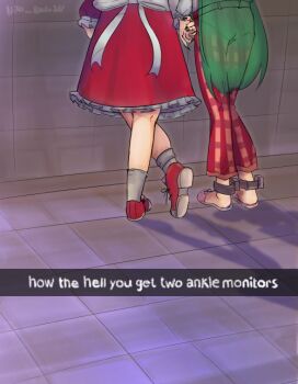  2girls ankle_monitor artist_name black_nails bow commentary crossed_legs dress elly_(touhou) english_commentary english_text green_hair grey_socks holding_hands kazami_yuuka long_hair lower_body multiple_girls nail_polish niko_rausu pants plaid_clothes plaid_pants red_dress red_pants red_shoes shoes slippers snapchat socks standing touhou white_bow 