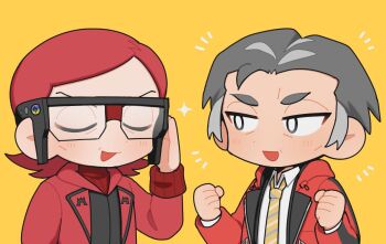 2boys blush bright_pupils clenched_hands closed_eyes collared_shirt commentary_request grey_hair happy_aura jacket kabu_(academy)_(pokemon) kabu_(pokemon) long_sleeves looking_at_another male_focus maxie_(pokemon) mega_stone multiple_boys necktie nintendo nnagi0111 open_clothes open_mouth pokemon pokemon_masters_ex pokemon_oras red_hair red_jacket red_sweater ribbed_sweater shirt short_hair simple_background striped_necktie sweater thick_eyebrows white_pupils white_shirt yellow_background