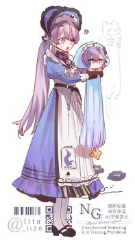  !? 2girls black_gloves bonnet cantarella_(wuthering_waves) commentary_request dress gloves highres jellyfish_costume long_dress long_hair long_sleeves longcat_(meme) lt26 meme multiple_girls no_mouth open_mouth purple_bonnet purple_dress purple_eyes purple_hair rosemary_(wuthering_waves) standing surprised wuthering_waves 