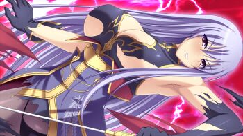  1girl angry armpits black_gloves blush breasts clenched_teeth detached_collar female_focus game_cg gloves holding holding_sword holding_weapon large_breasts legs lightning long_hair looking_at_viewer matching_hair/eyes original panties pantyshot purple_eyes purple_hair sangoku_hime sangoku_hime_2 simple_background solo sonsaku_(sangoku_hime) standing sun_ce sword teeth thighs torn_clothes underwear unicorn-a weapon 