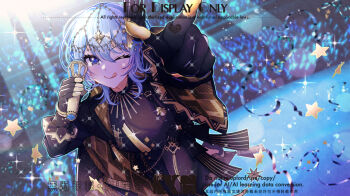  1girl black_gloves blue_eyes blue_hair commentary_request fingerless_gloves gloves hair_ornament holding holding_microphone hololive hoshimachi_suisei hoshimachi_suisei_(spectra_of_nova) looking_at_viewer microphone official_alternate_costume one_eye_closed satsuki_(pixiv_742410) smile solo_focus tongue tongue_out virtual_youtuber 