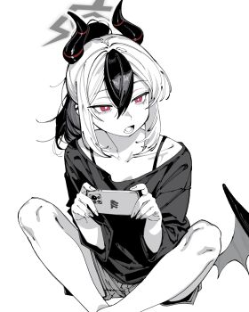  1girl absurdres blue_archive bra_strap cellphone collarbone commentary_request demon_horns demon_wings earrings hair_between_eyes halo highres holding holding_phone horns indian_style jewelry kani_ka_nanika kayoko_(blue_archive) low_wings mole mole_on_neck multicolored_hair open_mouth phone ponytail shirt short_sleeves shorts sidelocks sitting smartphone solo t-shirt two-tone_hair wings 