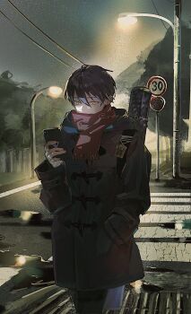  1boy bandaged_hand bandages black_coat black_pants buttons cellphone charm_(object) coat covered_mouth cowboy_shot crosswalk double-breasted expressionless floating_hair green_eyes hair_between_eyes hand_in_pocket highres holding holding_phone hood hood_down kenmochi_touya kenmochi_touya_(12th_costume) lamppost long_coat looking_at_object looking_at_phone looking_down male_focus night nijisanji ninihhc outdoors pants phone power_lines puddle purple_hair red_scarf reflection reflective_liquid road road_closed_to_vehicles_sign road_sign scarf scarf_over_mouth short_hair sign signature smartphone solo speed_limit_sign star_(sky) tree twitter_username utility_pole virtual_youtuber walking weapon_bag 