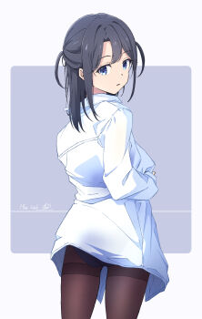  1girl black_hair black_panties blue_eyes breasts brown_pantyhose closed_mouth commentary_request dated from_behind highres long_sleeves looking_at_viewer looking_back medium_breasts monai-chan_(nii_manabu) nii_manabu original panties panties_over_pantyhose pantyhose shirt signature solo two-tone_background two_side_up underwear white_shirt 