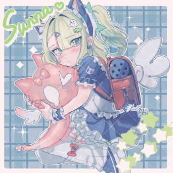  1girl animal_ear_hairband animal_ears artist_name black_dress blush cat_ear_hairband cat_ears character_name checkered_background closed_mouth commentary_request dress earrings fake_animal_ears frilled_dress frilled_sleeves frills from_side ghost_hair_ornament green_eyes green_hair green_nails hair_ornament hairband hanada_(cobalt003) heart heart_earrings heart_hair_ornament highres holding jewelry looking_at_viewer multiple_hair_clips official_alternate_costume ponytail red_bag sparkle star_(symbol) sunna_(afternoon_tea_break)_(zenless_zone_zero) sunna_(zenless_zone_zero) tears white_wings winged_bag wings zenless_zone_zero 