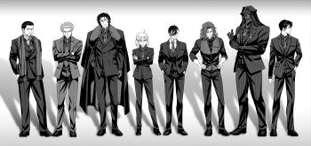  1girl 6+boys ahoge belt bevel coat coat_on_shoulders collared_shirt commentary_request crossed_arms facial_hair fate/grand_order fate_(series) full_body ghost_in_the_shell_lineup gloves goatee greyscale hand_in_pocket hattori_takeo_(fate) highres hijikata_toshizou_(fate) itou_kashitarou_(fate) jacket lineup looking_to_the_side mask mature_male monochrome multiple_boys nagakura_shinpachi_(fate) necktie okita_souji_(fate) saitou_hajime_(fate) serizawa_kamo_(fate) shirt short_hair striped_clothes striped_jacket vest yamanami_keisuke_(fate) 