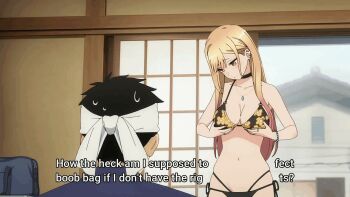  1boy 1girl animated animated_gif bikini black_bikini blonde_hair bracelet breasts choker dancing ear_piercing grabbing_own_breast highres jewelry kitagawa_marin large_breasts looping_animation multicolored_hair necklace piercing red_eyes screencap side-tie_bikini_bottom smile sono_bisque_doll_wa_koi_wo_suru swimsuit tagme third-party_edit two-tone_hair  rating:Questionable score:83 user:NotTheNax