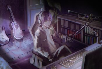  1boy absurdres cokei computer_keyboard cup green_eyes guitar hashtag-only_commentary headphones highres holding holding_cup indoors instrument katana kenmochi_touya long_sleeves microphone monitor nijisanji purple_hair short_hair sitting solo sword virtual_youtuber weapon 