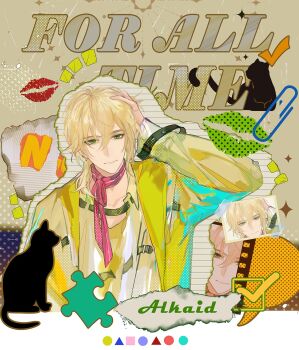  1boy alkaid_mcgrath alternate_costume belt black_belt blank_speech_bubble blonde_hair border brown_background cat character_name checkmark chinese_commentary circle closed_mouth collage_(medium) collared_shirt colored_speech_bubble commentary_request copyright_name earrings film_strip green_eyes hair_between_eyes halftone halftone_background hand_on_own_head highres jacket jewelry letterboxed lined_paper lipstick_mark long_sleeves looking_at_viewer lovebrush_chronicles male_focus medium_hair notice_lines open_clothes open_collar open_jacket outline paperclip photo_(object) pink_scarf puzzle_piece scarf shirt smile solo sparkle speech_bubble square star_(symbol) torn_paper triangle upper_body white_border white_shirt xuedaixun yellow_jacket zoom_layer 