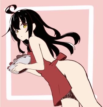  1girl ahoge apron black_hair bowl chocolate commentary_request feet_out_of_frame highres kantai_collection long_hair mikazuki_(kancolle) naked_apron pink_background playalq red_apron solo yellow_eyes 