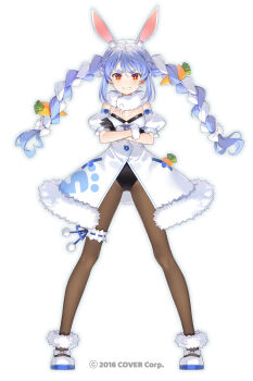 1girl animal_ear_fluff animal_ears black_gloves black_leotard black_pantyhose blue_hair bow braid carrot_hair_ornament carrot_in_pocket coat coat_dress colored_shoe_soles copyright_notice crossed_arms detached_sleeves don-chan_(usada_pekora) dress extra_ears food-themed_hair_ornament footwear_bow frilled_thigh_strap full_body fur-trimmed_coat fur-trimmed_gloves fur_scarf fur_trim gloves grin hair_ornament highres hikimayu hololive legs_apart leotard leotard_under_clothes long_hair looking_at_viewer mary_janes multicolored_hair official_art pantyhose parted_hair playboy_bunny puffy_detached_sleeves puffy_short_sleeves puffy_sleeves rabbit-shaped_pupils rabbit_ears rabbit_girl red_eyes scarf shoes short_eyebrows short_sleeves sidelocks simple_background smile solo standing straight-on strapless strapless_leotard symbol-shaped_pupils thick_eyebrows thigh_strap twin_braids twintails two-tone_hair usada_pekora usada_pekora_(1st_costume) virtual_youtuber white_background white_coat white_hair white_scarf white_shoes white_sleeves yuuki_hagure rating:Sensitive score:13 user:danbooru