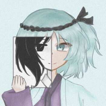  1other black_headband blue_background blue_eyes blue_hair blue_jacket chinese_commentary closed_mouth commentary_request compass_(xinjinjumin6687443) eyes_visible_through_hair fujiwara_no_iyozane fujiwara_no_iyozane_(past) hachimaki haori happy headband holding holding_paper jacket jacket_on_shoulders japanese_clothes kimono len'en looking_at_viewer medium_hair one_side_up other_focus paper purple_kimono revealing_layer simple_background smile solo tsurime upper_body 