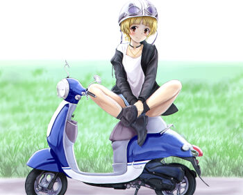  1girl absurdres black_jacket black_shoes blonde_hair blush brown_eyes closed_mouth commentary_request day earrings fukuda_noriko full_body goggles goggles_on_headwear grass helmet highres idolmaster idolmaster_million_live! indian_style jacket jewelry long_sleeves looking_at_viewer motor_vehicle necklace open_clothes open_jacket outdoors scooter seibunchou_(kxvs8474) shirt shoe_soles shoes short_hair sitting smile solo star_(symbol) star_earrings white_shirt 