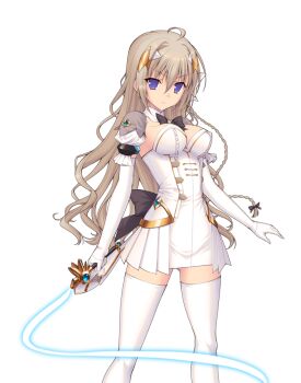  1girl ahoge black_bow blue_eyes bow bowtie braid breasts brown_hair cleavage detached_collar dress elbow_gloves energy_sword game_cg genseishinki_sacred_virth gloves glowing glowing_sword glowing_weapon hair_ornament holding holding_ribbon_baton holding_weapon large_variant_set long_hair looking_at_viewer magical_girl non-web_source official_art pleated_dress puffy_short_sleeves puffy_sleeves purple_eyes ribbon ribbon_baton sacred_claire short_dress short_sleeves solo standing sword thighhighs tierna_aeride_throne transparent_background variant_set wavy_hair weapon white_dress white_gloves white_thighhighs yuugure_pairo zettai_ryouiki 