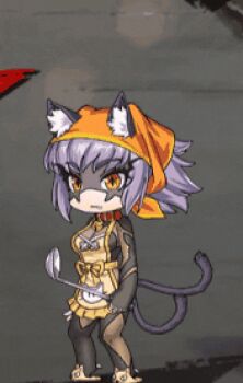  1girl :/ akebi_(taimanin_series) animal_ears animated animated_gif apron bandana bodysuit bodysuit_under_clothes breasts cat_ears cat_girl chibi collar curvy full_body impossible_clothes large_breasts lilith-soft long_hair looking_ahead purple_hair shiny_skin tail taimanin_(series) taimanin_rpgx wide_hips yellow_eyes 