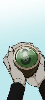  1boy 1other absurdres black_hair black_shirt coat commentary_request cup expressionless gj9158 highres holding holding_cup kim_dokja korean_commentary omniscient_reader's_viewpoint pov pov_hands reflection reflection_focus shirt short_hair white_coat yoo_joonghyuk 