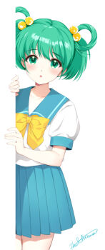 1girl aizawa_hiroshi blue_sailor_collar blue_skirt bow bowtie commentary_request cowboy_shot green_eyes green_hair hair_bobbles hair_ornament hair_rings hand_up kirameki_high_school_uniform kirameki_high_school_uniform_(summer) open_mouth peeking_out pleated_skirt sailor_collar school_uniform shirt short_hair short_sleeves signature simple_background skirt solo standing tatebayashi_miharu tokimeki_memorial tokimeki_memorial_1 white_background white_shirt yellow_bow yellow_bowtie  rating:General score:1 user:danbooru