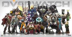 10boys 5girls absurdres adjusting_glasses arnold_tsang bastion_(overwatch) bird bird_on_hand black_hair black_legwear blonde_hair boots bow_(weapon) cape center_opening cigar copyright_name cowboy_hat dark_skin everyone eyepatch gas_mask genji_(overwatch) glasses gorilla gun hammer hanzo_(overwatch) hat highres holster hood huge_filesize incredibly_absurdres long_hair mask mccree_(overwatch) mercy_(overwatch) multiple_boys multiple_girls nail_polish official_art overwatch pharah_(overwatch) power_armor purple_hair purple_skin quiver reaper_(overwatch) reinhardt_(overwatch) roadhog_(overwatch) robot standing sword symmetra_(overwatch) tattoo thigh_boots thighhighs torbjorn_(overwatch) tracer_(overwatch) very_long_hair watermark weapon widowmaker_(overwatch) wings winston_(overwatch) zenyatta_(overwatch)