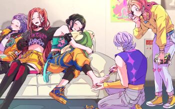  2boys 3girls applying_pedicure black_hair kpop_demon_hunters mira_(kpop_demon_hunters) multiple_boys multiple_girls mystery_(kpop_demon_hunters) nail_polish navel painting_toenails pink_hair purple_hair red_hair romance_(kpop_demon_hunters) rumi_(kpop_demon_hunters) shoes single_shoe sleeping sneakers toenail_polish toenails unworn_shoes yosuo_0408 zoey_(kpop_demon_hunters) 