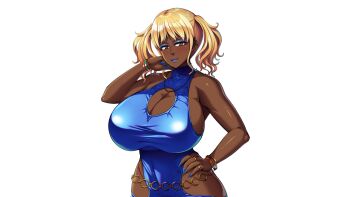 1girl blonde_hair blue_dress blue_eyeshadow blue_nails bracelet brown_eyes cleavage_cutout clothing_cutout dark-skinned_female dark_skin dress eyeshadow ganguro gold_bracelet gyaru hip_vent hirosue_yumika inouenanaki jewelry makeup non-web_source otosareteiku_onee-chan_to_nani_mo_dekinai_boku_~akogare_no_kanojo_wa_inraku_shi_chitai_wo_sarakedasu~ ring short_twintails simple_background sleeveless sleeveless_dress transparent_background twintails very_dark_skin 