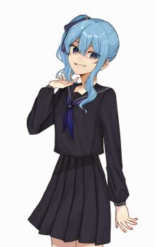  1girl aogami_high_school_uniform black_serafuku blue_eyes blue_hair blue_neckerchief blush bow hair_between_eyes hair_ornament hololive hololive_error hoshimachi_suisei kiel_adair long_hair looking_at_viewer neckerchief official_alternate_costume school_uniform serafuku shirt side_ponytail skirt solo virtual_youtuber 