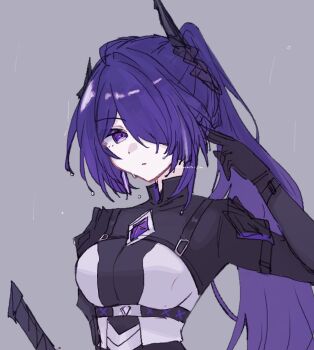  1girl acheron_(ambush)_(honkai:_star_rail) acheron_(honkai:_star_rail) belt bodysuit breasts commentary_request fumamoto_ssm gloves hair_ornament hair_over_one_eye hand_on_own_ear harness high_ponytail highres honkai:_star_rail honkai_(series) long_hair multicolored_hair official_alternate_costume ponytail purple_eyes purple_hair simple_background streaked_hair sword_hilt upper_body very_long_hair water_drop 