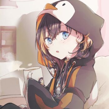  1girl anchor_earrings animal_hood arm_belt black_hair blonde_hair blue_eyes commentary crossed_bangs cup earrings english_commentary from_side hair_between_eyes holding holding_cup hood hood_up hooded_jacket jacket jewelry long_hair long_sleeves looking_at_viewer multicolored_hair nijisanji nijisanji_en official_alternate_hair_length official_alternate_hairstyle parted_lips penguin_hood pentomo_(petra_gurin) petra_gurin petra_gurin_(1st_costume) sleeves_past_fingers sleeves_past_wrists solo steaming_cup streaked_hair two-tone_hair ul_ul00 upper_body virtual_youtuber warm_colored 