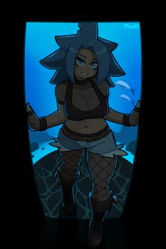  1girl absurdres black_boots blue_eyes blue_hair blue_shorts boots borrowed_character breasts cleavage commentary dark-skinned_female dark_skin denim denim_shorts english_commentary eyebrow_piercing face_piercing fingerless_gloves fishnet_pantyhose fishnets gloves highres lace-up_boots large_breasts long_hair looking_at_viewer micro_shorts muds navel original pantyhose piercing sharp_teeth shorts solo teeth 