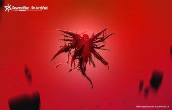  1girl 909_(reverseblue) artist_logo asymmetrical_horns commentary_request copyright_logo full_body glowing glowing_eyes halo highres horns logo mechabare mechanical_tail official_art red_background red_halo reverseblue_x_re-birthend solo tail weapon 