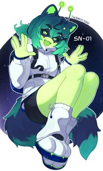  1girl :d absurdres alien animal_ears antennae black_sclera colored_sclera colored_skin colored_tongue eye_mask fang green_hair green_skin green_tongue hair_between_eyes hair_ornament highres indie_virtual_youtuber jacket looking_at_viewer mask open_mouth raccoon_ears raccoon_girl raccoon_tail salute shoes smile snuffy_(vtuber) space star_(sky) star_(symbol) star_hair_ornament tail twintails virtual_youtuber vulcan_salute white_jacket white_shoes x_hair_ornament yoako 