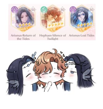  3others ^_^ arionus_(shining_nikki) black_hair bug butterfly butterfly_on_head circlet clone closed_eyes closed_mouth colored_inner_hair commentary english_commentary forehead game_screenshot_inset hand_on_own_chin happy hephaes_(shining_nikki) highres horns insect kiss kissing_cheek light_blush liquid_horns medium_hair multicolored_hair multiple_others nikki_(series) nonoberry22 orange_hair other_sandwich parted_bangs sandwiched screenshot_inset shining_nikki simple_background single_horn smile straight_hair water wavy_hair white_background yellow_butterfly 